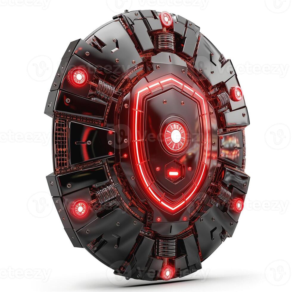 Futuristic black and red robotic shield with glowing accents, showcasing advanced technology and a sleek design. photo