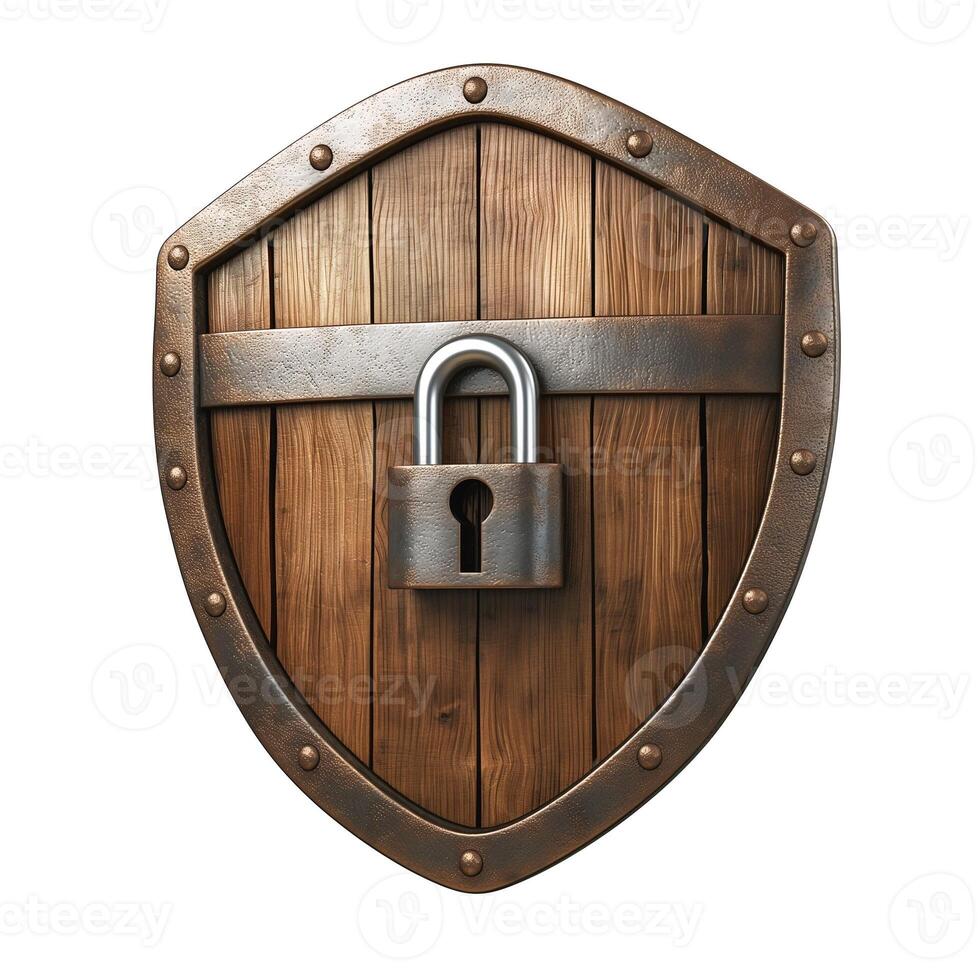 A rustic wooden shield with a metallic padlock, symbolizing security and protection. photo