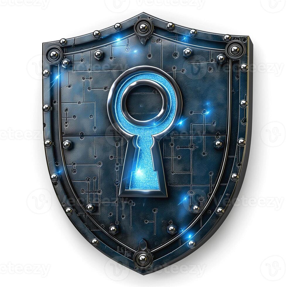 A futuristic blue glowing keyhole on a metallic shield with circuit patterns, symbolizing security and technology. photo