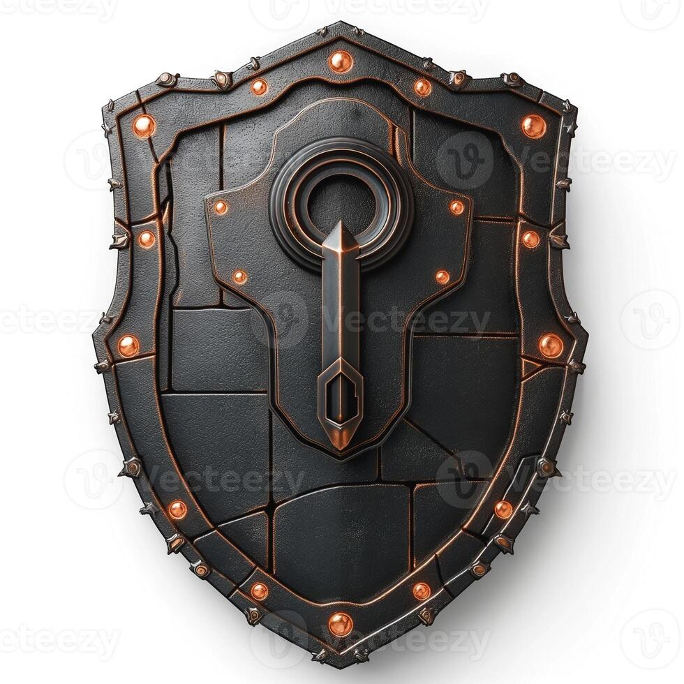 A detailed medieval shield design featuring a central keyhole and ornate details, set against a minimalist background. photo