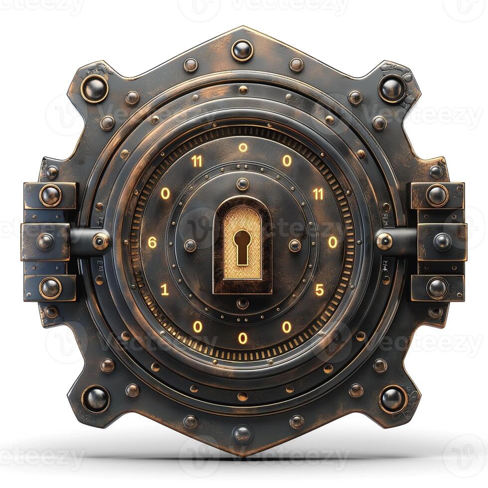 Intricate bronze steampunk safe with a circular design and a large keyhole, evoking mystery and adventure. photo