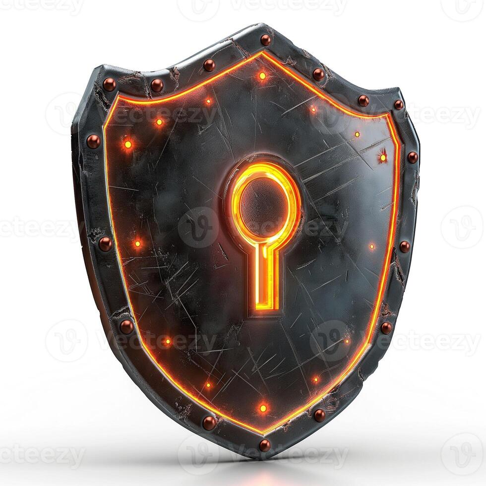 A futuristic black shield with an illuminated keyhole, symbolizing security and protection. photo