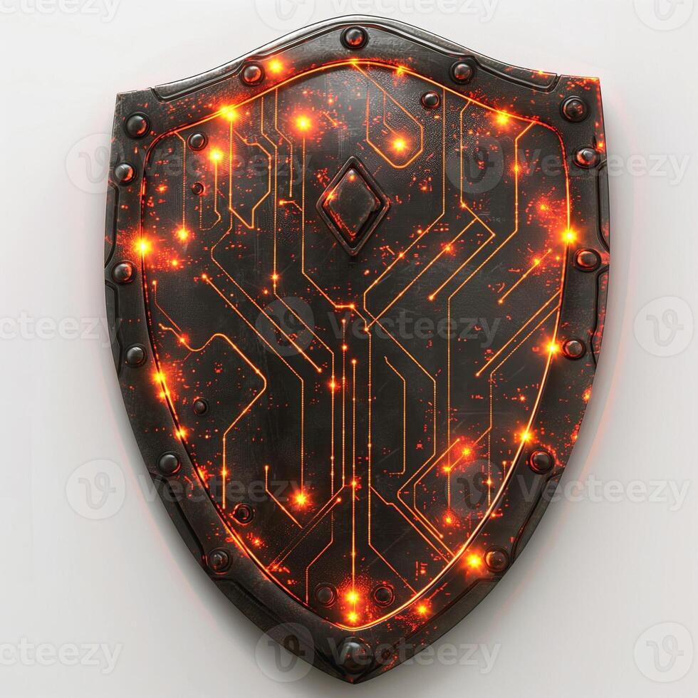 A shield designed with a futuristic circuit pattern and glowing orange lights, symbolizing protection and technology. photo