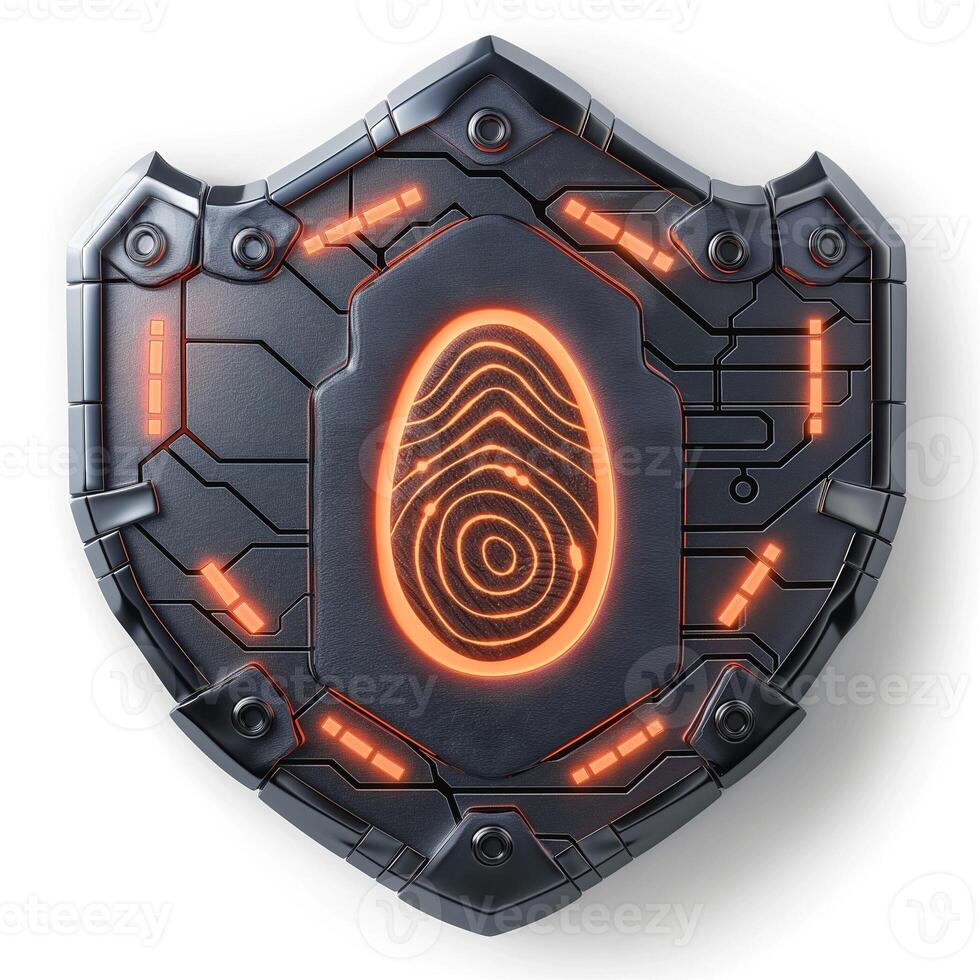 Futuristic security shield featuring a glowing fingerprint design, symbolizing advanced technology and protection. photo