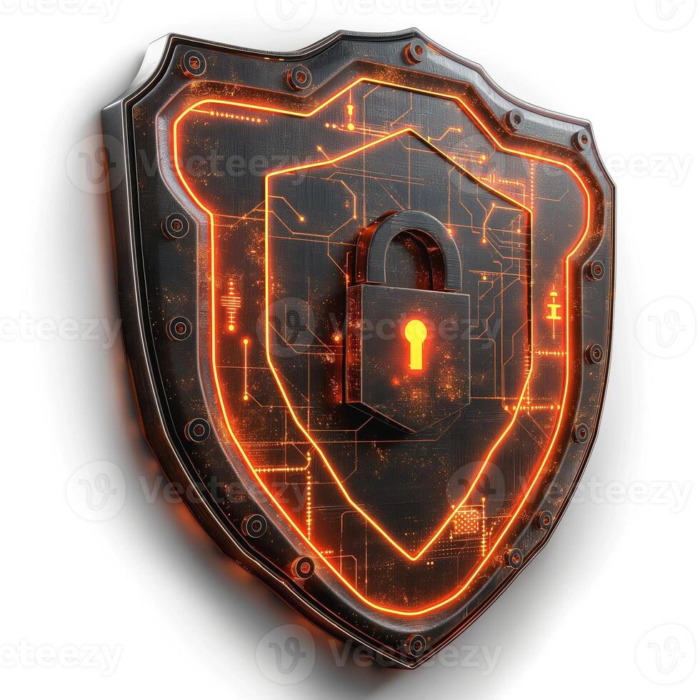 A digital shield with a padlock, symbolizing cybersecurity and protection of data in a futuristic design. photo