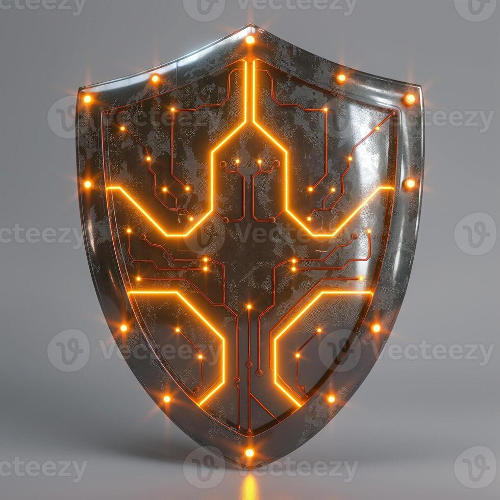 Futuristic metallic shield design with glowing circuit patterns, symbolizing protection and technology. photo
