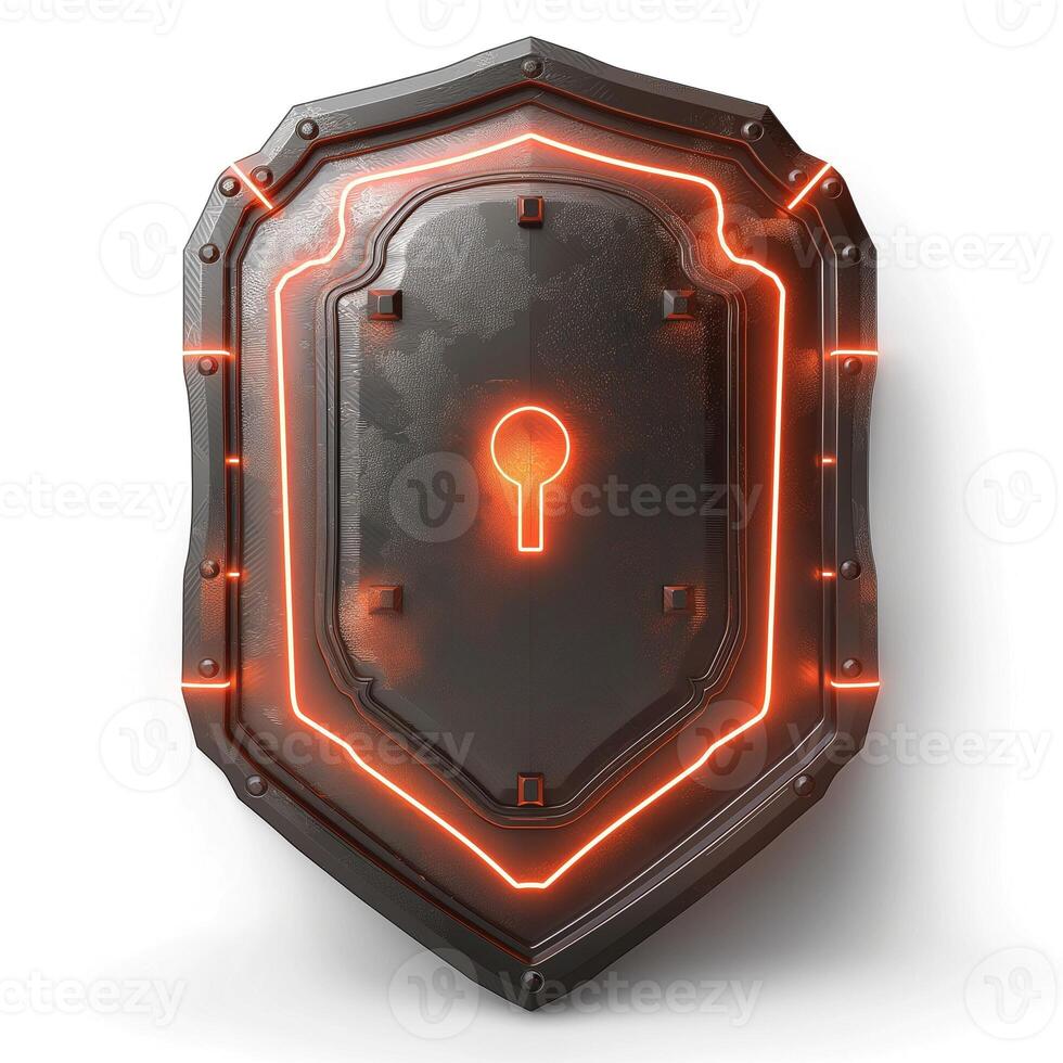 A sleek, dark metallic shield with glowing orange accents and a keyhole at the center, symbolizing security and protection. photo