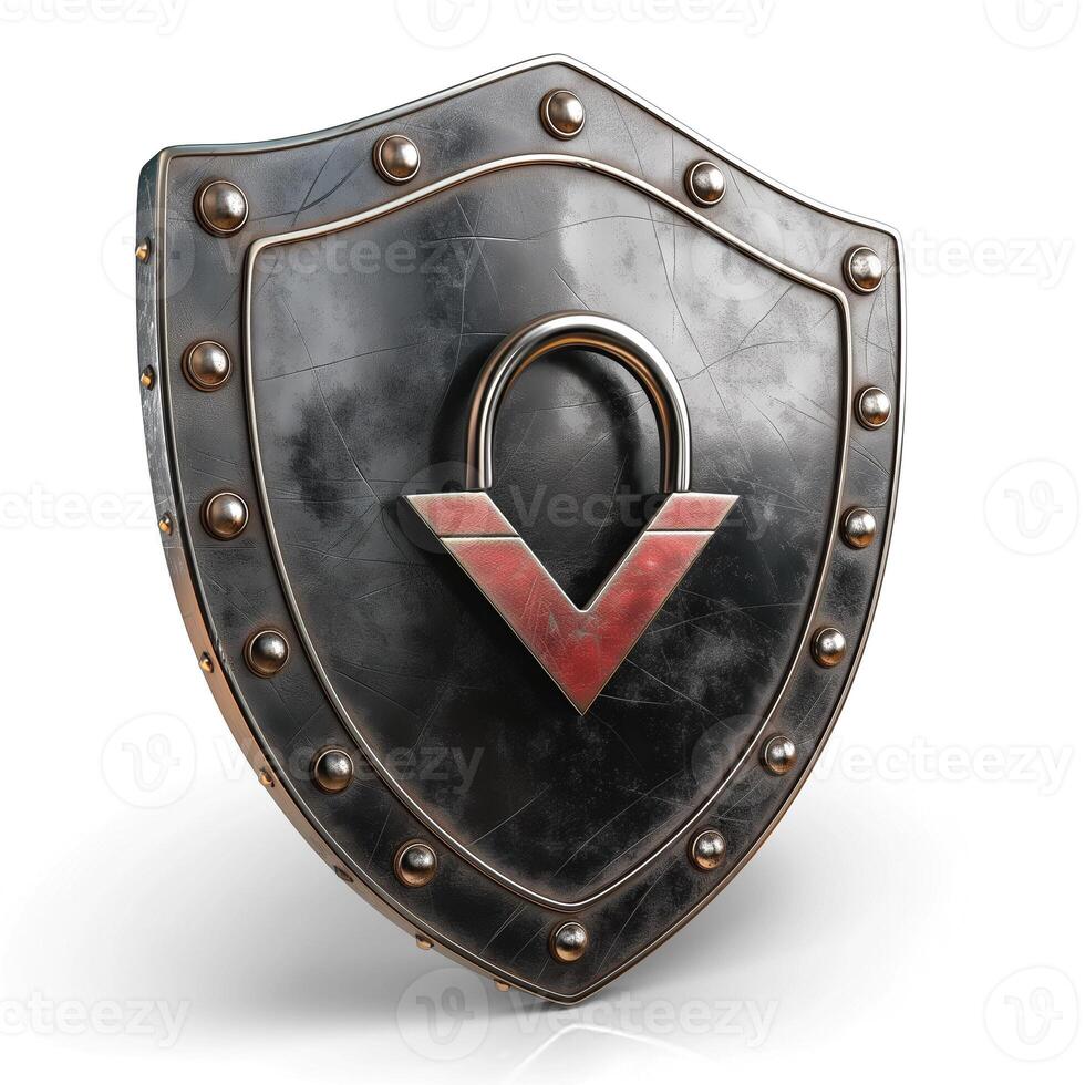 A metallic shield with a bold lock symbol, representing security and protection. photo