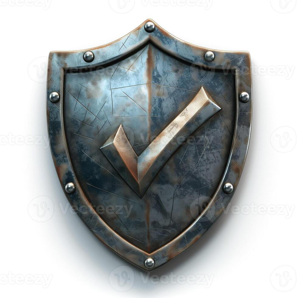 A metallic shield with a prominent checkmark, representing security and validation. photo