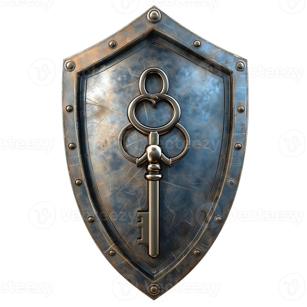 A metallic shield featuring an ornate key design, evoking themes of protection and mystery. photo