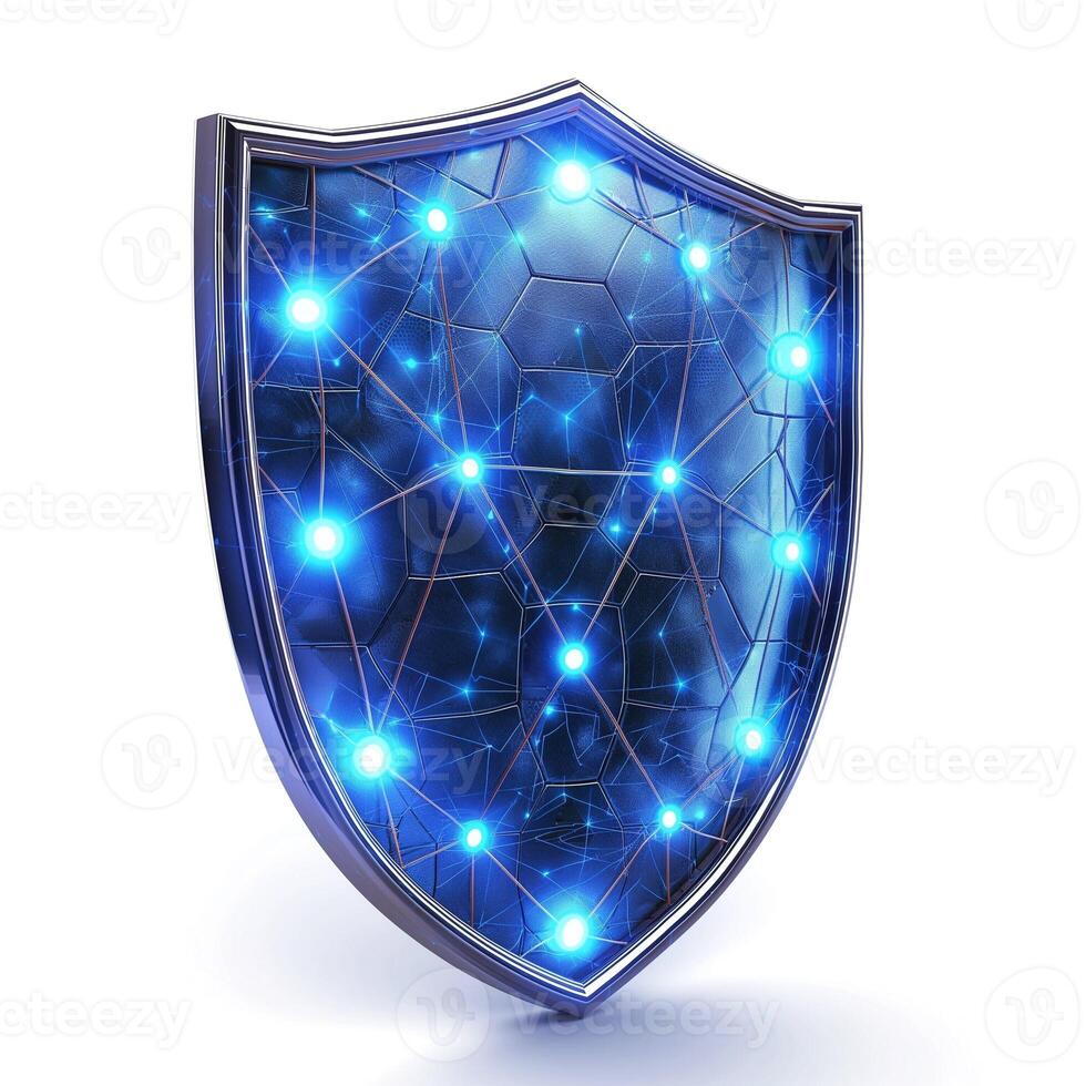 A futuristic blue shield with luminous nodes, symbolizing cybersecurity and protection. photo