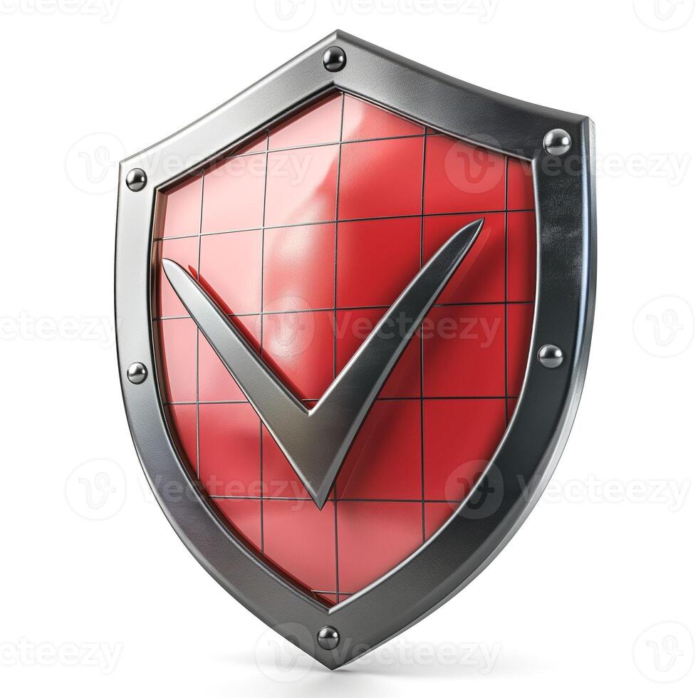 A 3D rendering of a shiny red shield with a checkmark, symbolizing security and trust. photo