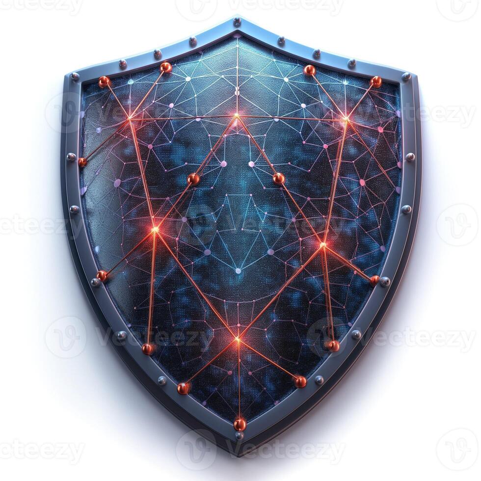 A futuristic shield design, featuring a network of glowing nodes and interconnected lines, symbolizing protection and technology. photo