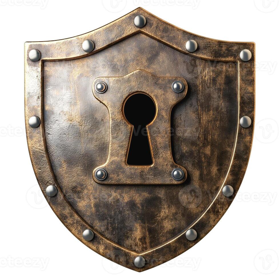 A detailed metallic shield with an ornate design and keyhole, symbolizing protection and strength. photo