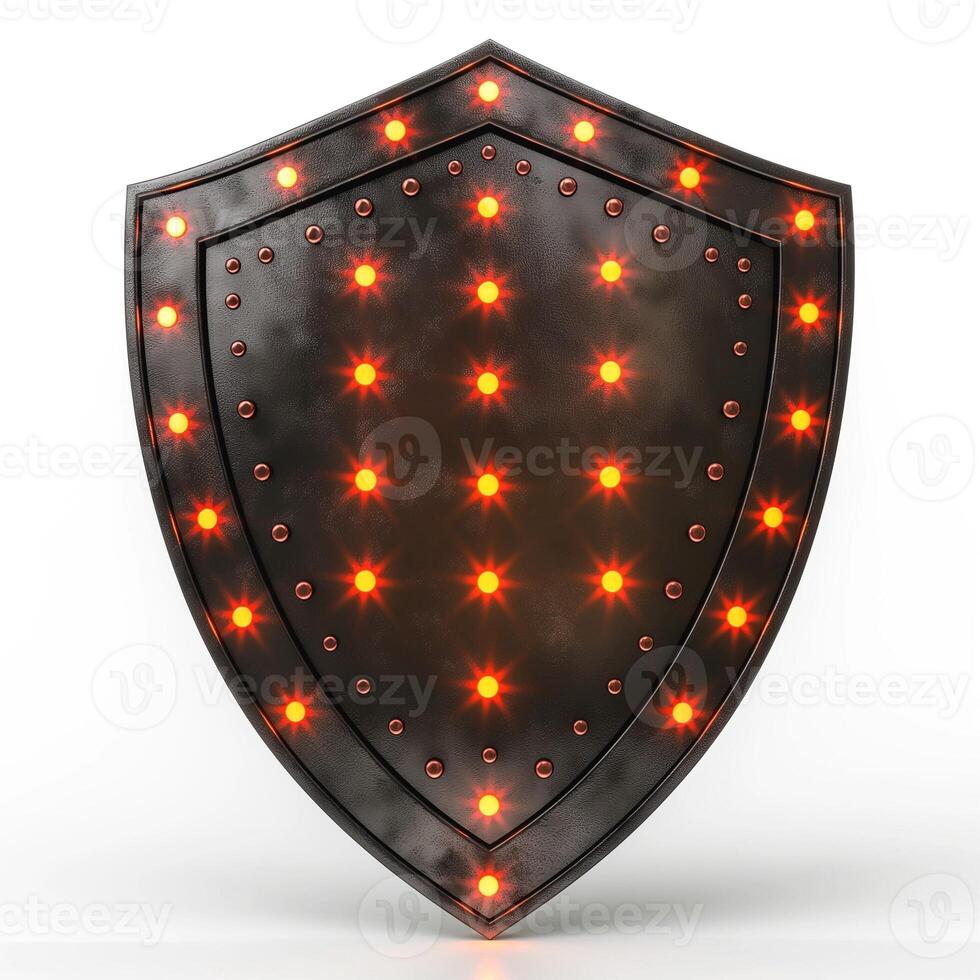 A striking black shield adorned with bright red lights, symbolizing protection and strength. photo