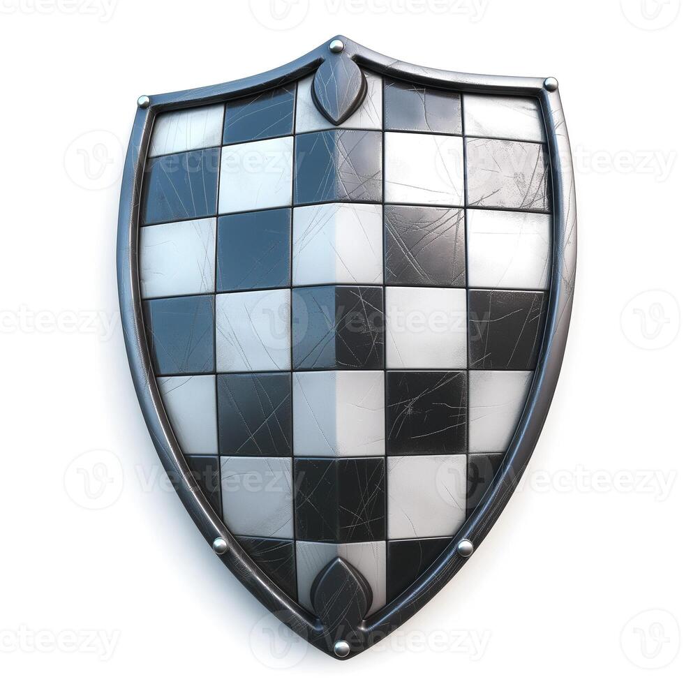 A striking black and white checkered shield prominently displayed, showcasing a blend of square tiles and a glossy finish. photo