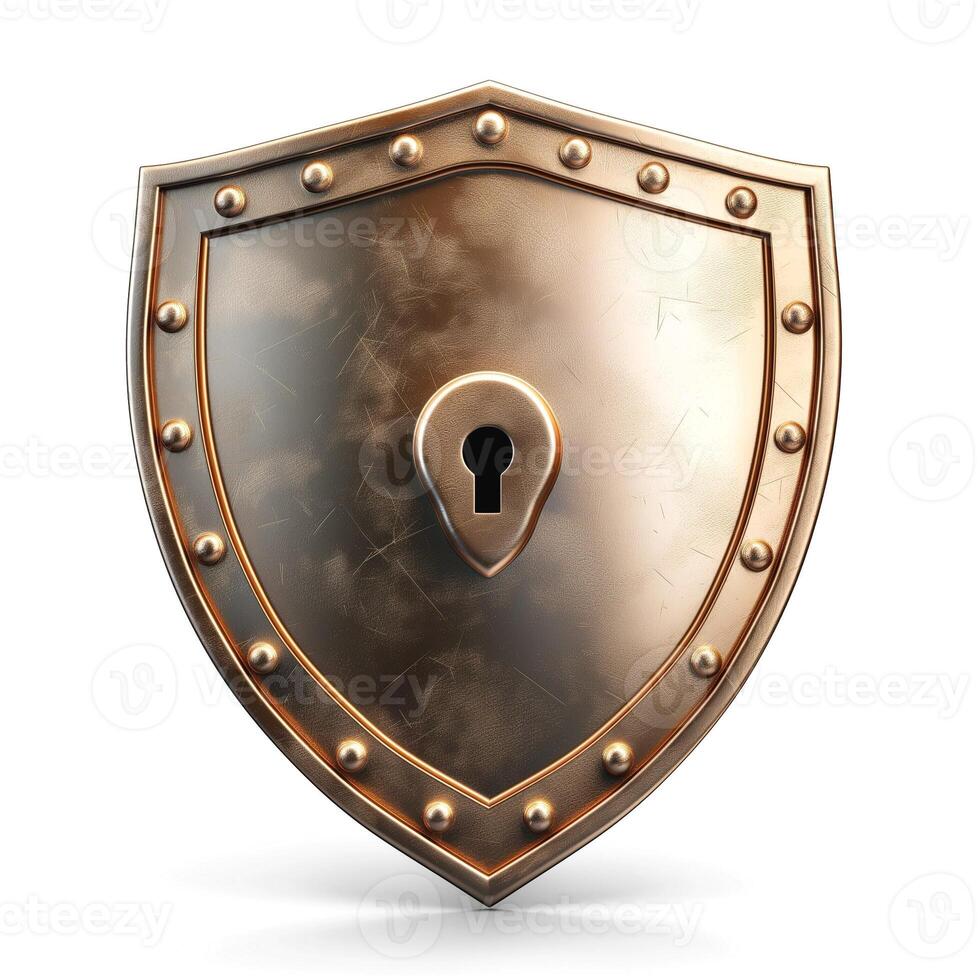 A metallic bronze shield with a keyhole center, symbolizing protection and security. photo