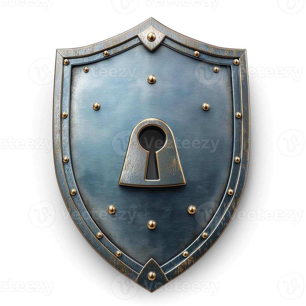 A metallic shield featuring a keyhole design, symbolizing protection and security with an antique finish. photo