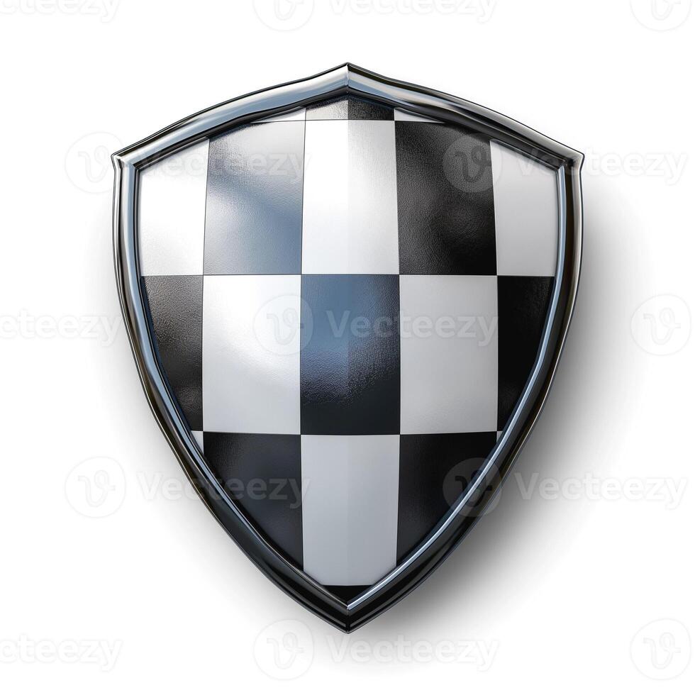 A glossy black and white checkered shield in a modern design, symbolizing protection and strength. photo