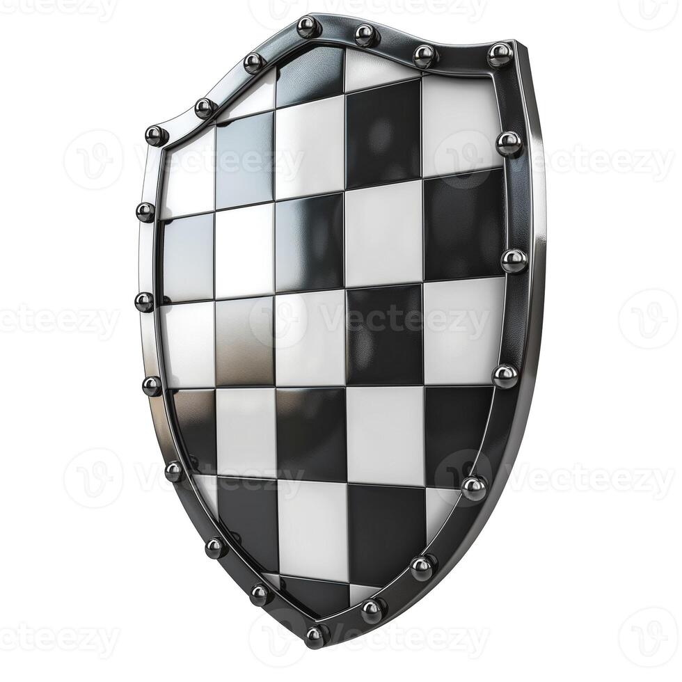 A glossy black and white checkered shield with metallic detailing, symbolizing protection and security. photo