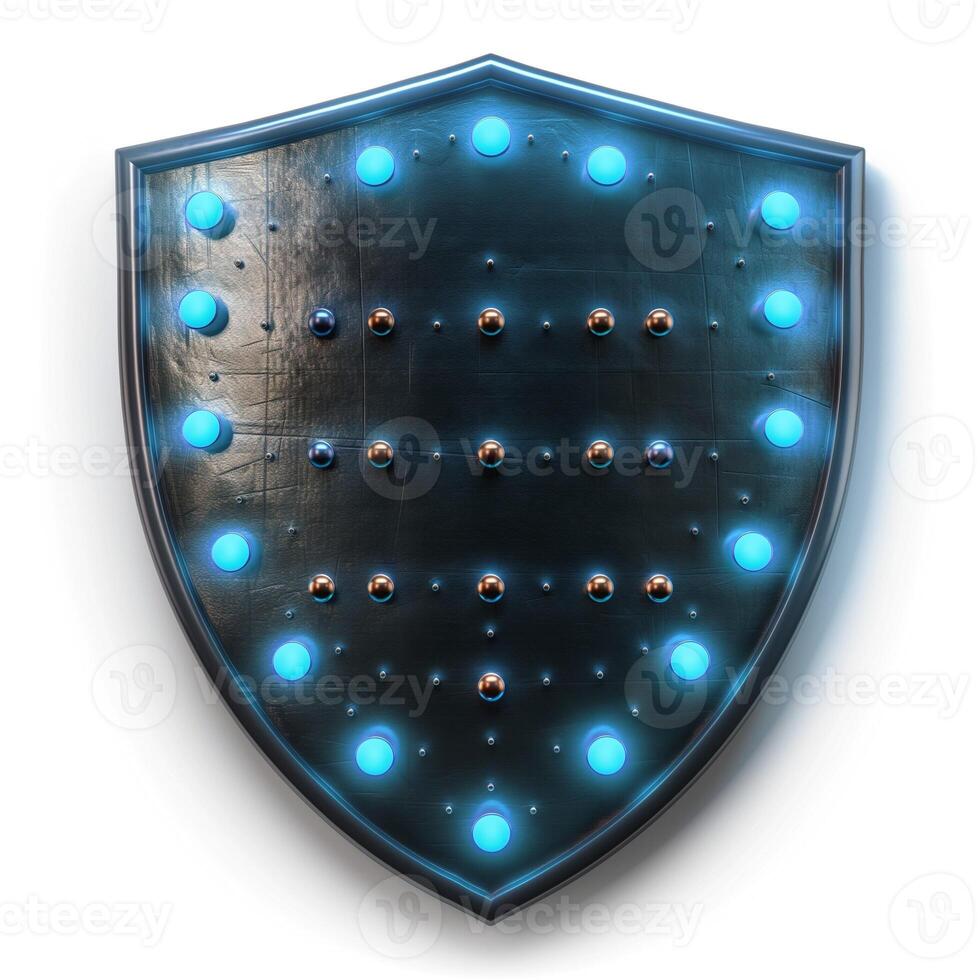 A sleek, futuristic shield design with glowing blue lights and metallic accents, symbolizing protection and security. photo