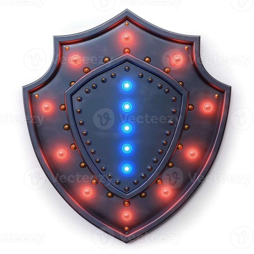 Stylized shield design with illuminated blue and red lights, symbolizing protection and security. photo