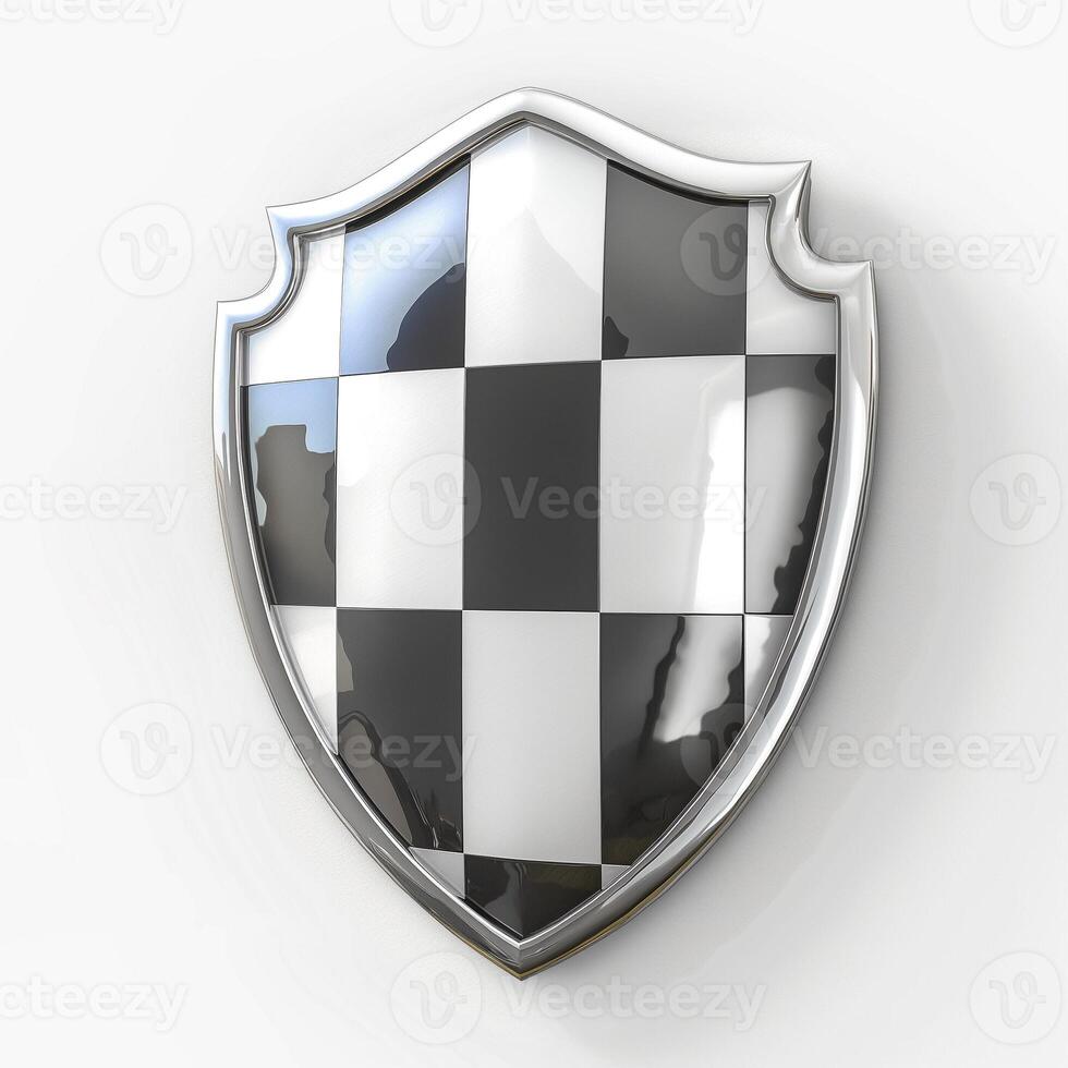 A glossy, metallic shield featuring a classic black and white checkerboard design, symbolizing protection and strength. photo