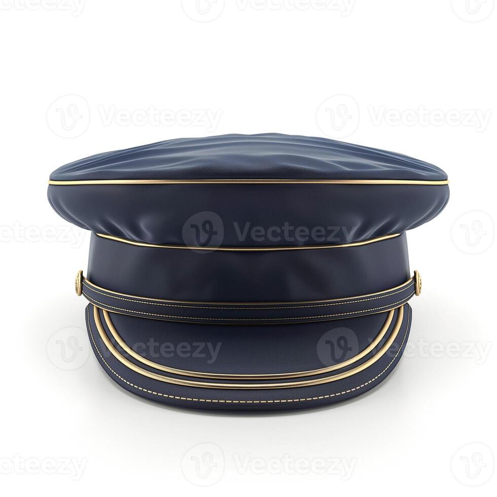 A navy blue, glossy officer's hat displayed frontally, exuding authority and professionalism. photo