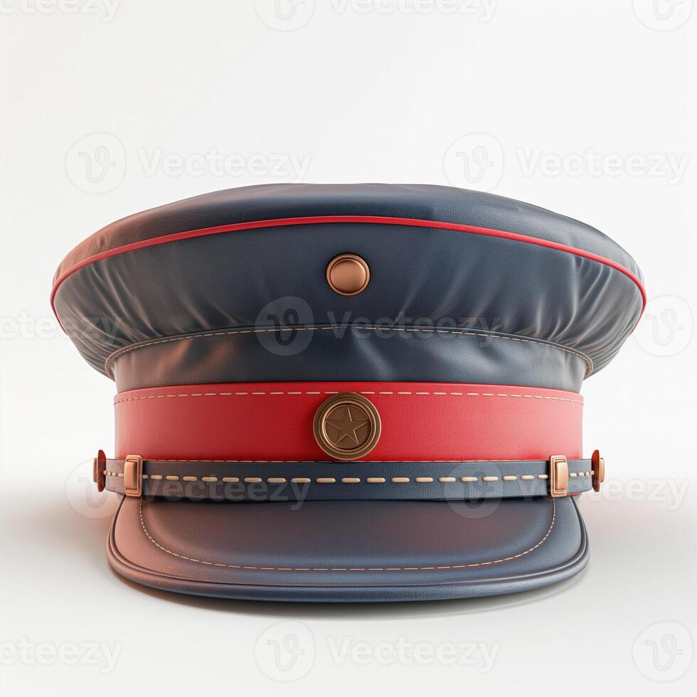 A vintage-style blue cap with a red band and emblem, showcasing a classic police uniform design. photo