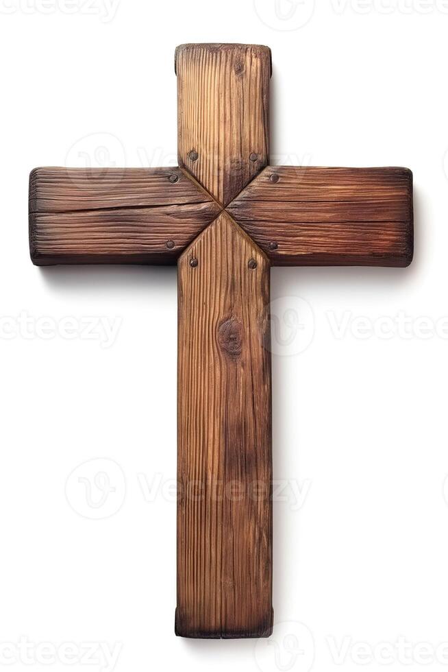 A rustic wooden cross with intricate grain patterns and a warm, rich tone, symbolizing faith and spirituality. photo