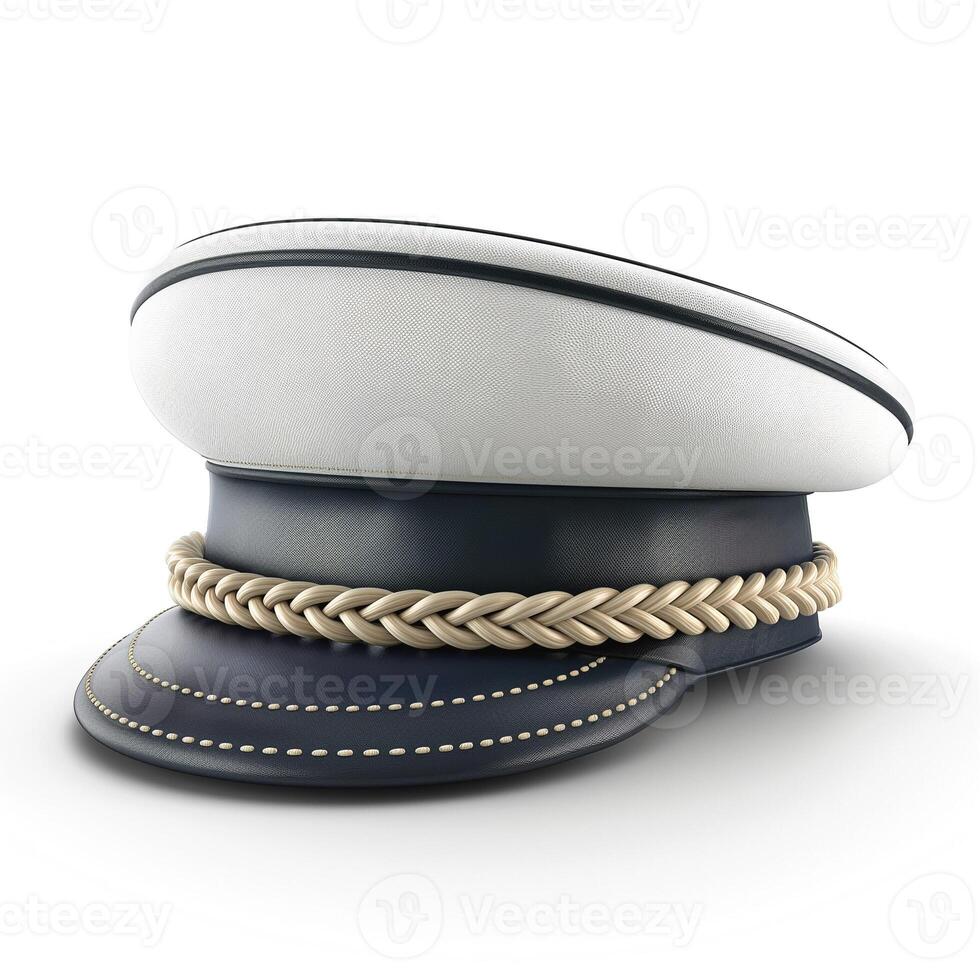 A stylish navy blue and white captain's hat, showcasing a braided band and detailed stitching. photo