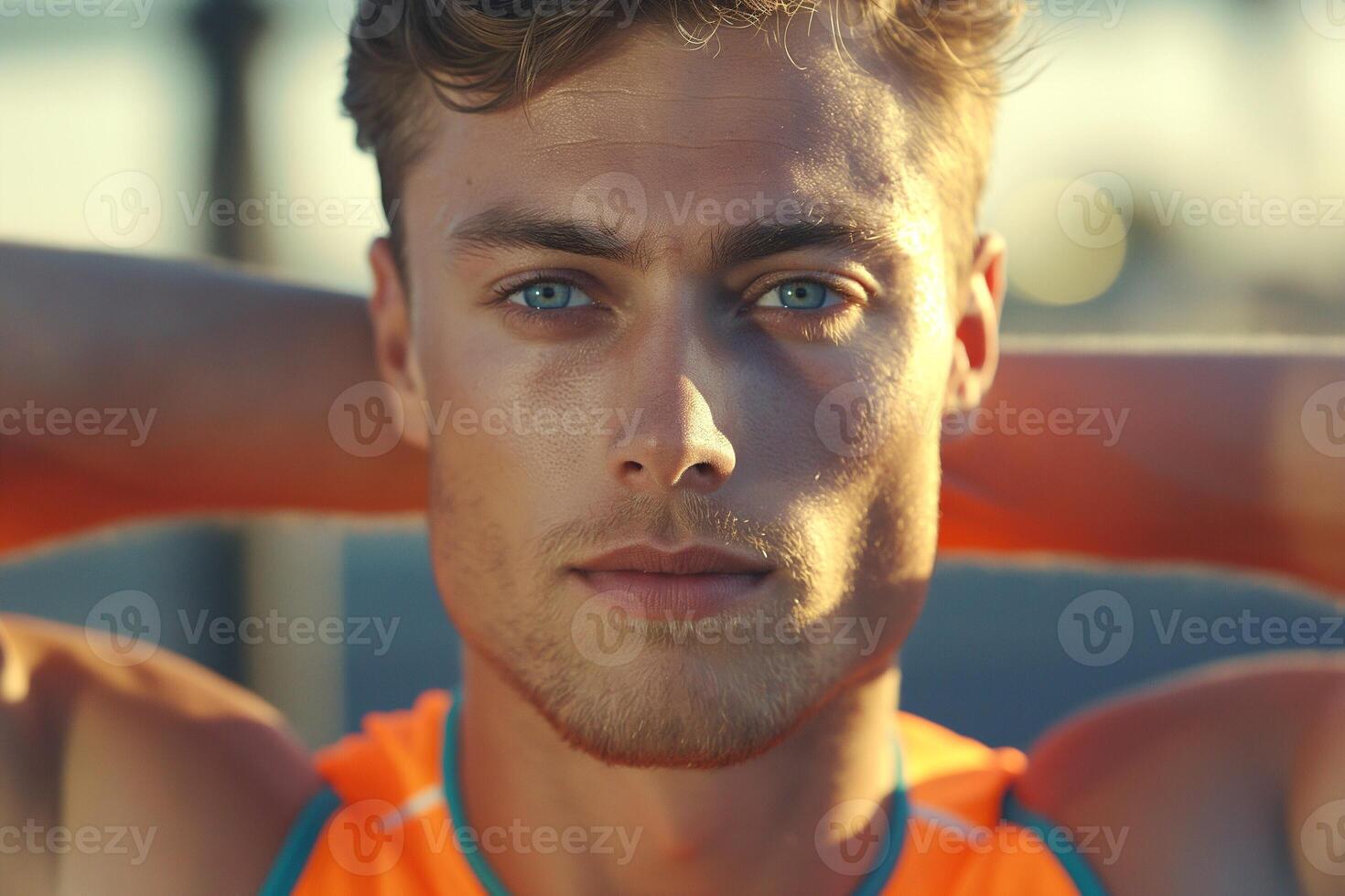 Close-up portrait of a young Caucasian male with striking blue eyes, showcasing a confident expression against a soft background. photo