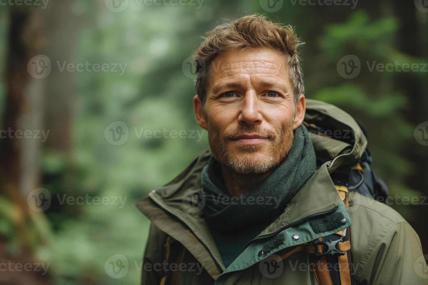 Middle-aged Caucasian man in a hiking outfit, smiling warmly in a lush forest setting, embodying adventure and connection with nature. photo