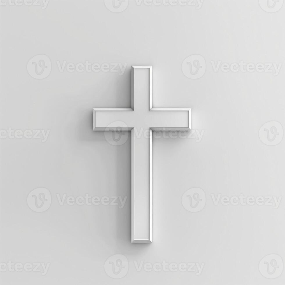 A minimalist, white cross symbol displayed prominently against a soft gray background. photo