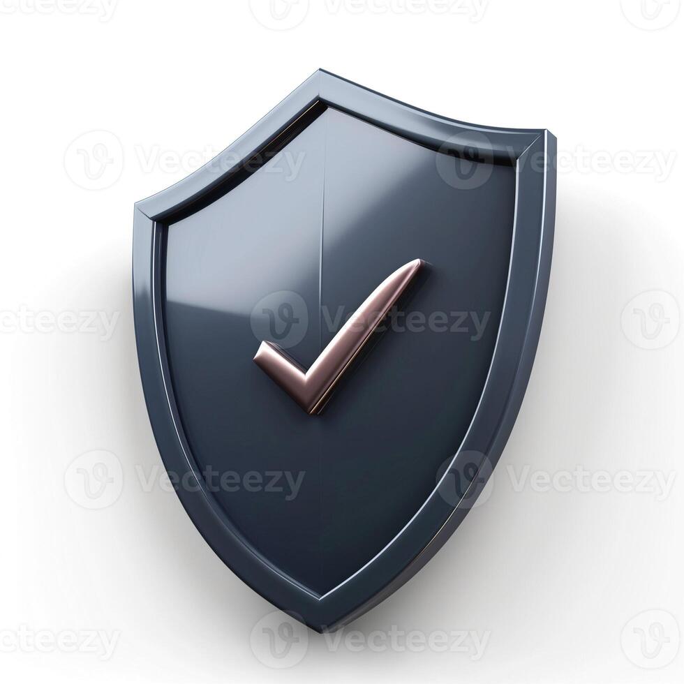 A sleek, dark shield emblem with a prominent checkmark in a contrasting color, symbolizing security and validation. photo