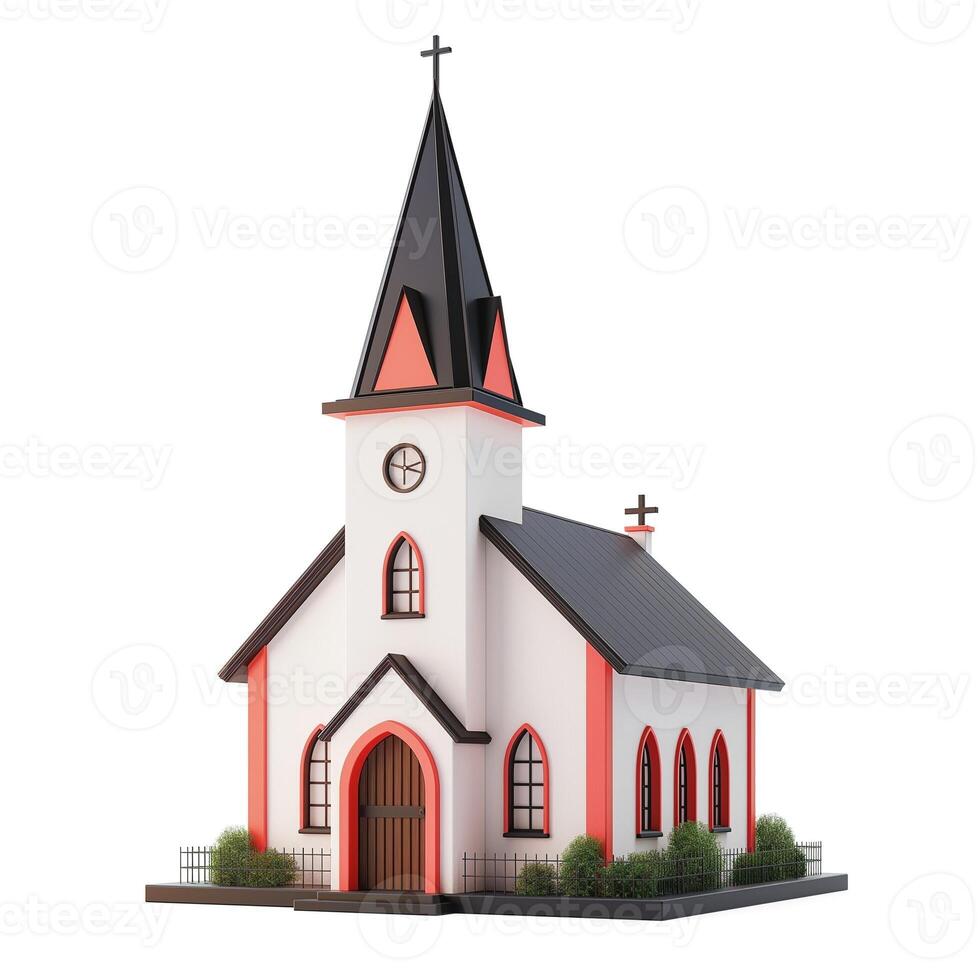 A charming small church with a pointed roof and colorful accents, surrounded by greenery. photo