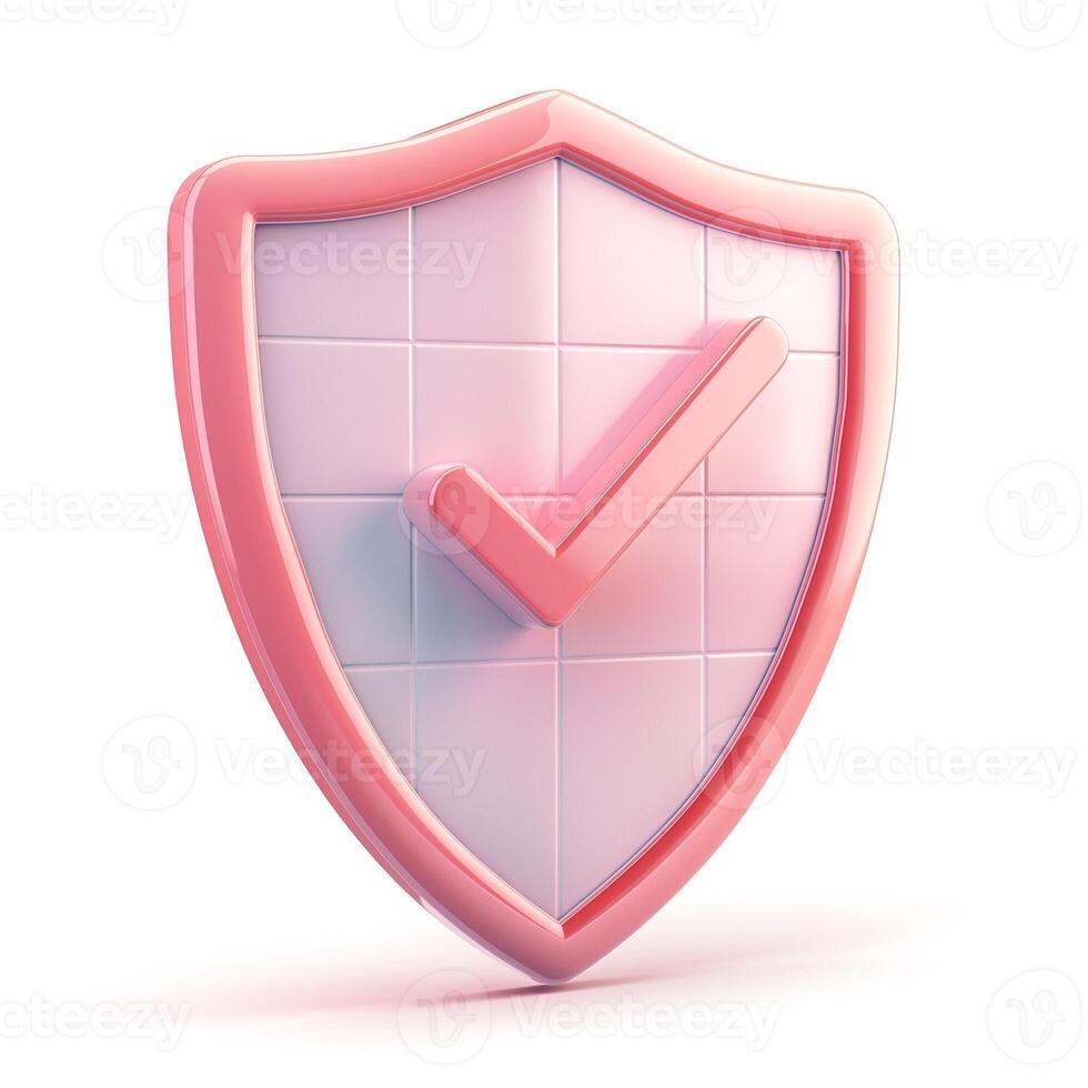 A glossy pink shield with a check mark symbolizing security and protection. photo