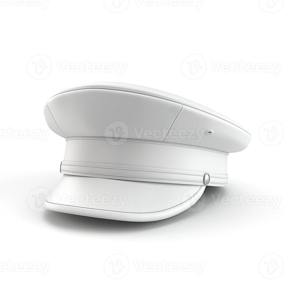 A stylish white captain's hat resting elegantly on a surface, exuding authority and elegance. photo
