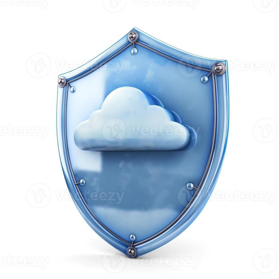 A stylized blue shield featuring a cloud symbol, representing cloud security and digital protection. photo