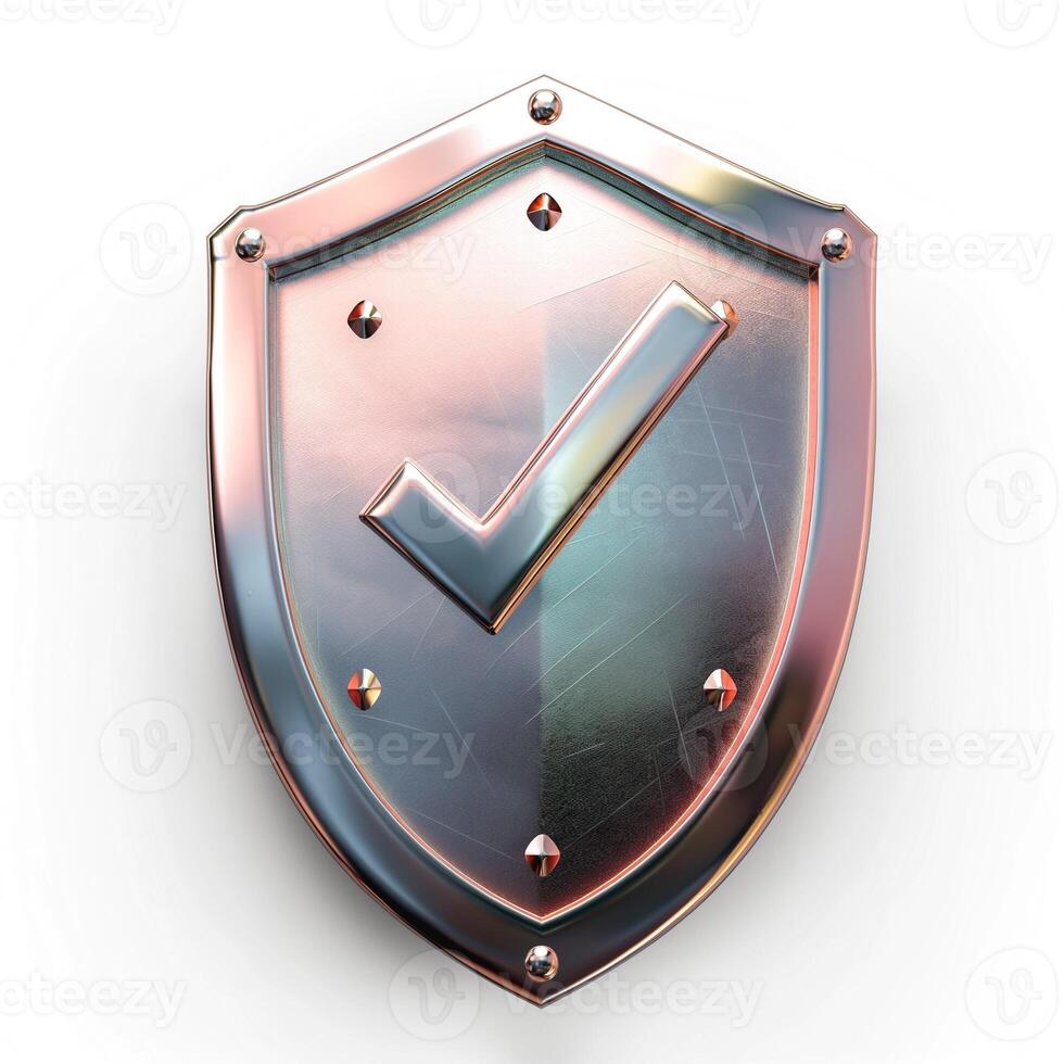 A shiny metallic shield featuring a checkmark symbol, representing security and protection. photo