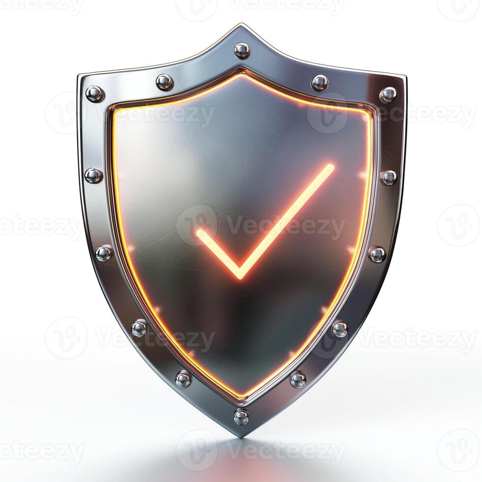 A shiny metallic shield with glowing checkmark symbol, representing security and trust. photo
