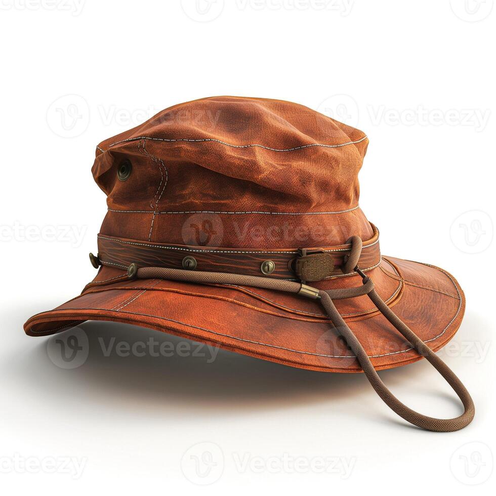 A rugged brown outdoor hat, showcasing weathered leather and a wide brim, perfect for adventures in nature. photo