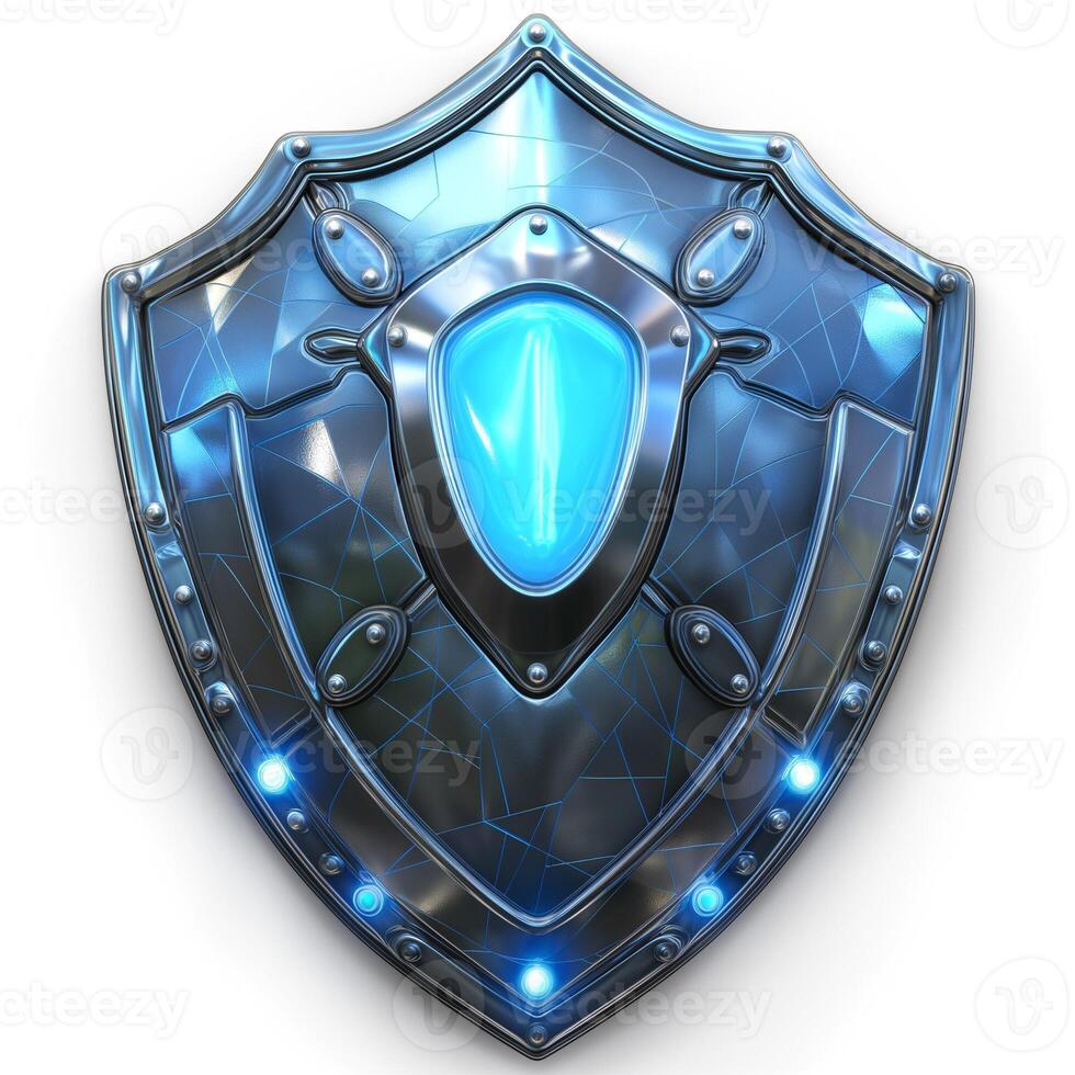 A shiny, futuristic blue and silver shield with glowing accents, showcasing intricate details and a polished surface. photo
