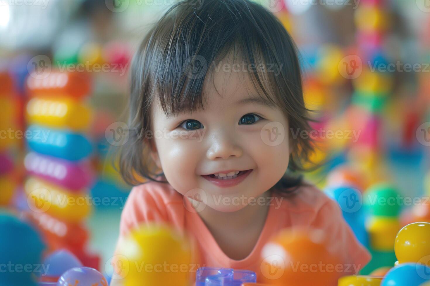 A joyful Asian toddler with dark hair smiles broadly while playing with colorful building blocks in a playful setting. photo