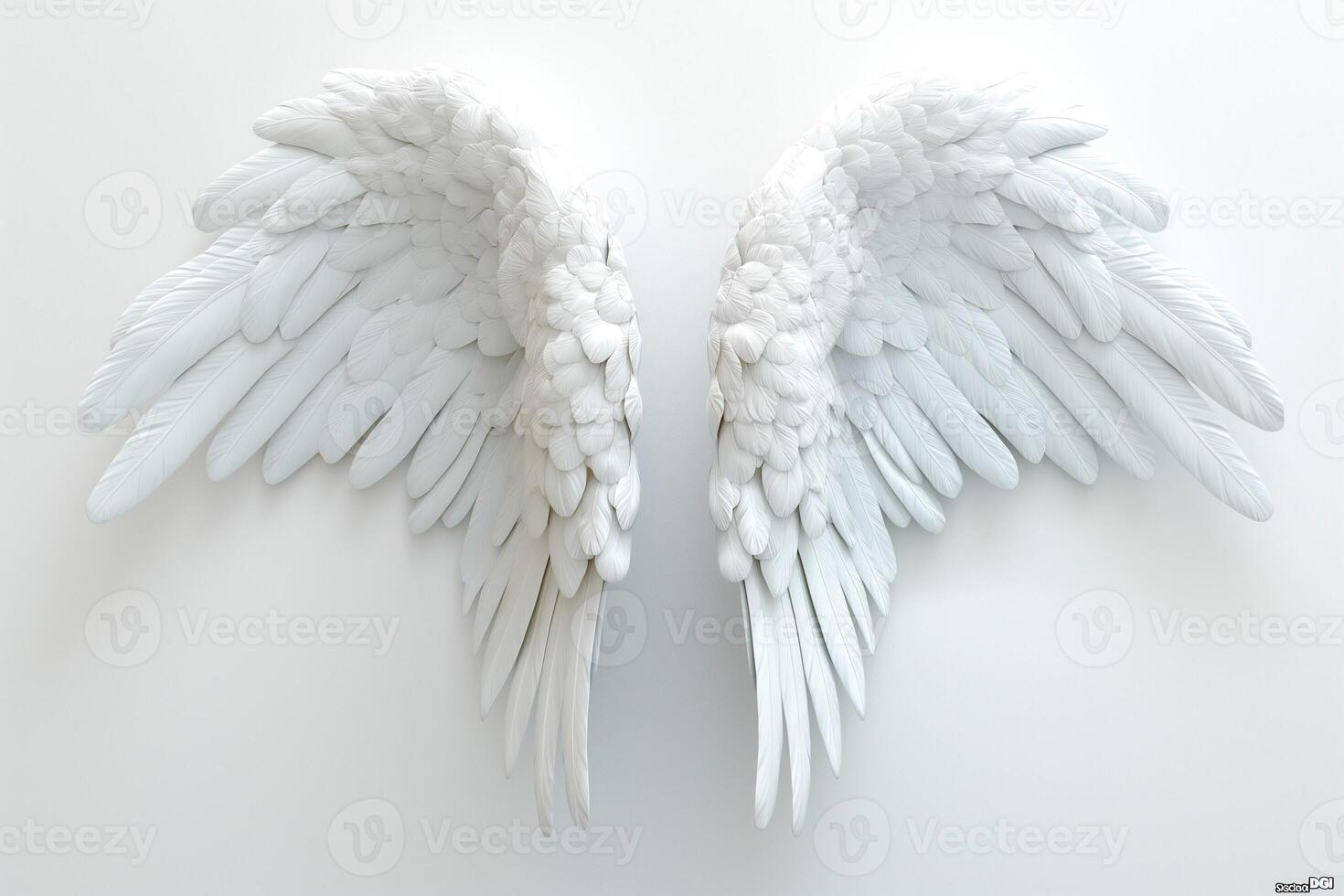 Stunning white angel wings against a soft white background, symbolizing purity and freedom. photo