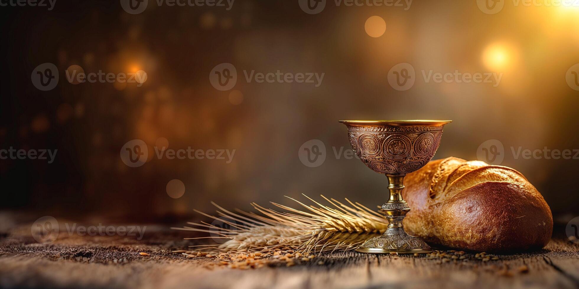 A rustic bronze chalice beside freshly baked bread and wheat, creating a warm, inviting atmosphere. photo