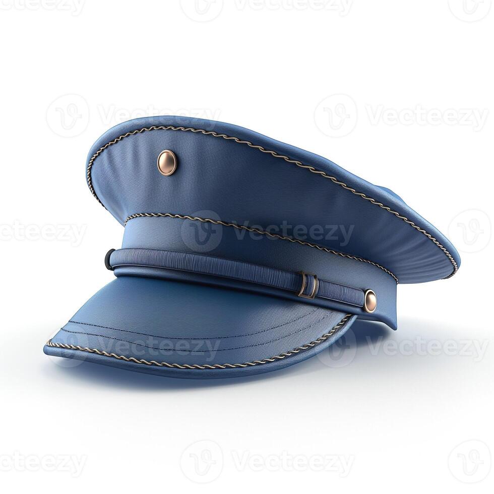 A detailed view of a blue police officer's cap with intricate stitching and a glossy finish. photo