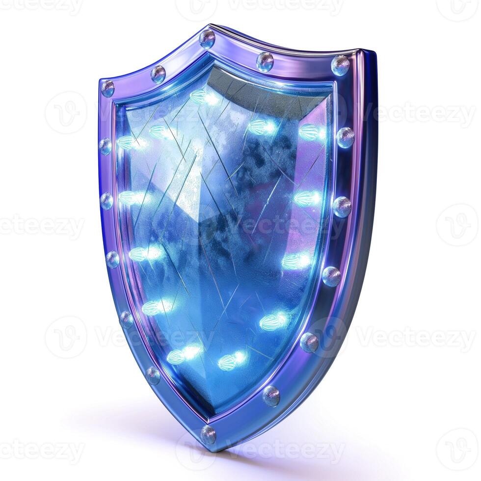 A futuristic blue shield with glowing edges, symbolizing protection and security. photo