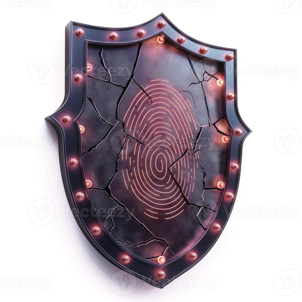 A stylized shield featuring a prominent fingerprint design, glowing against a cracked leather background. photo