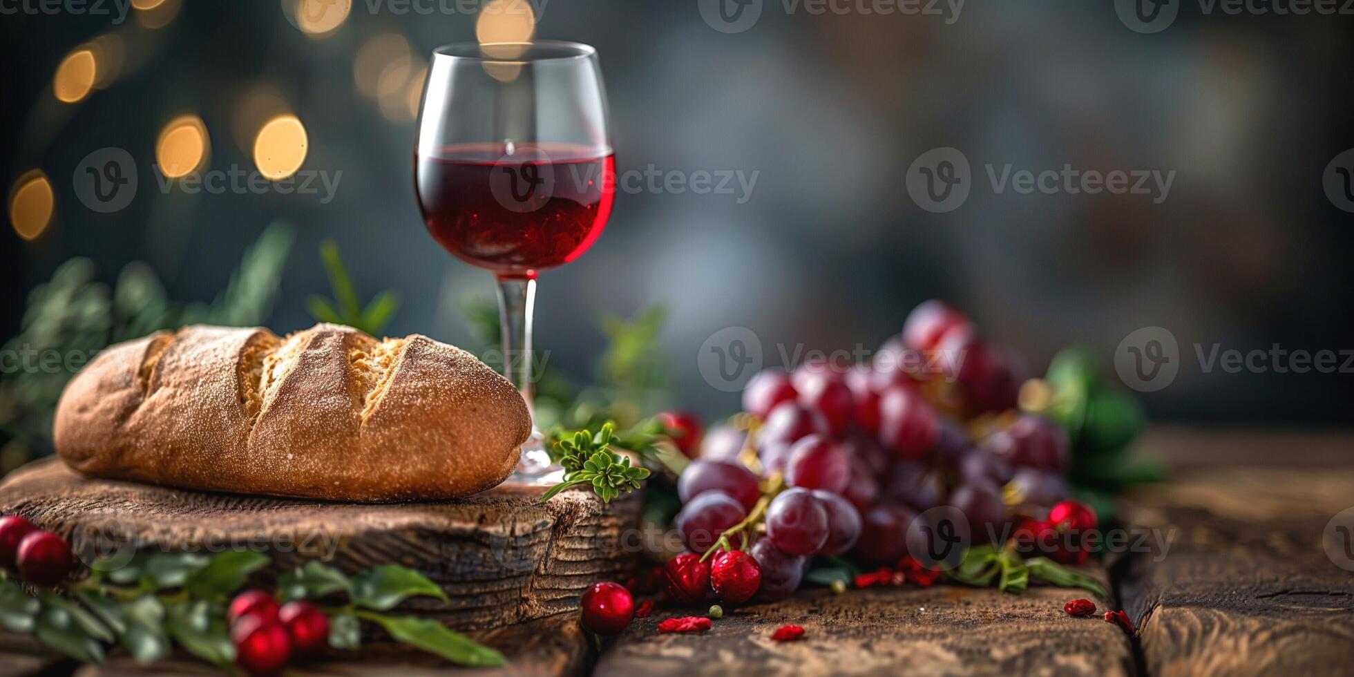 A glass of red wine beside a fresh loaf of bread and a bunch of grapes, set against a blurred backdrop with warm bokeh lights. photo